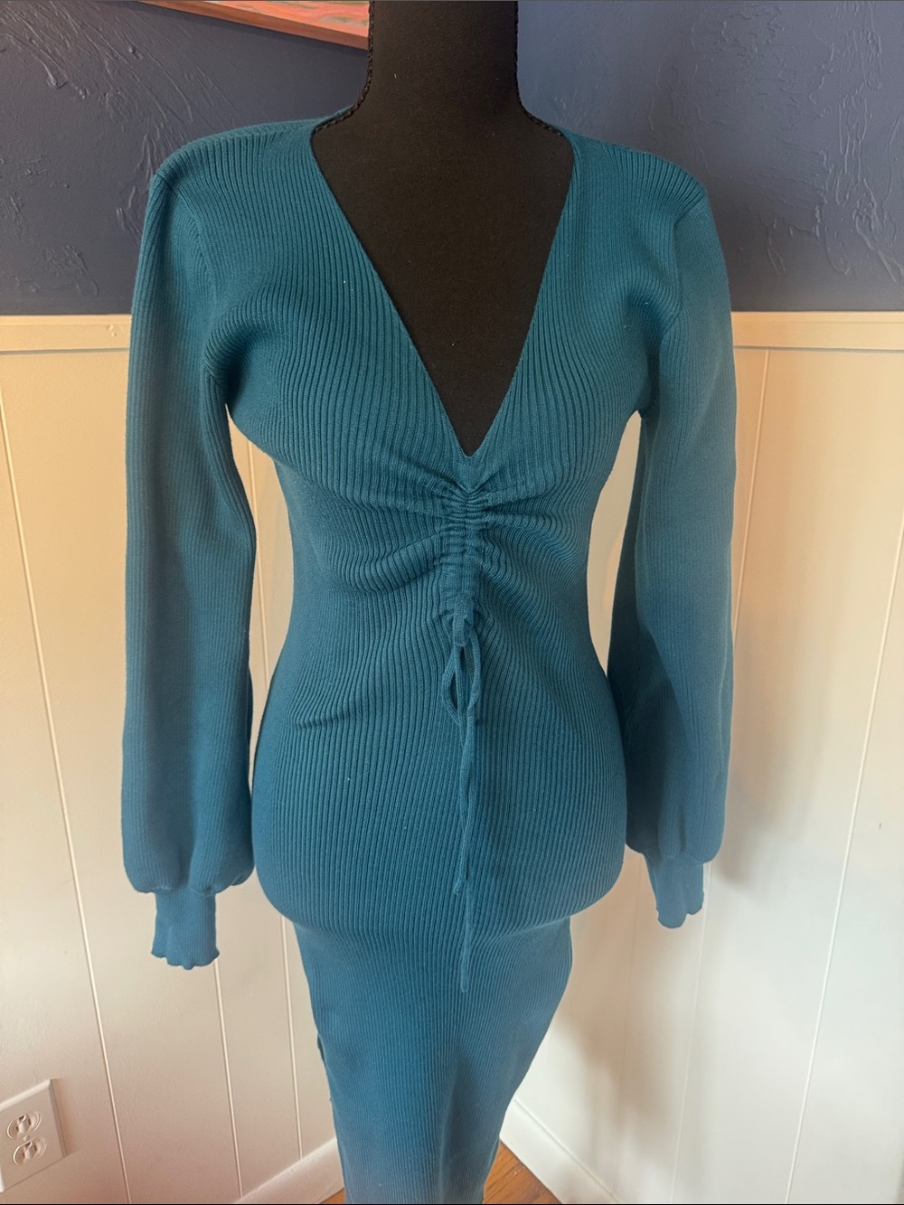 Teal Ribbed Tie-Front Knit Dress